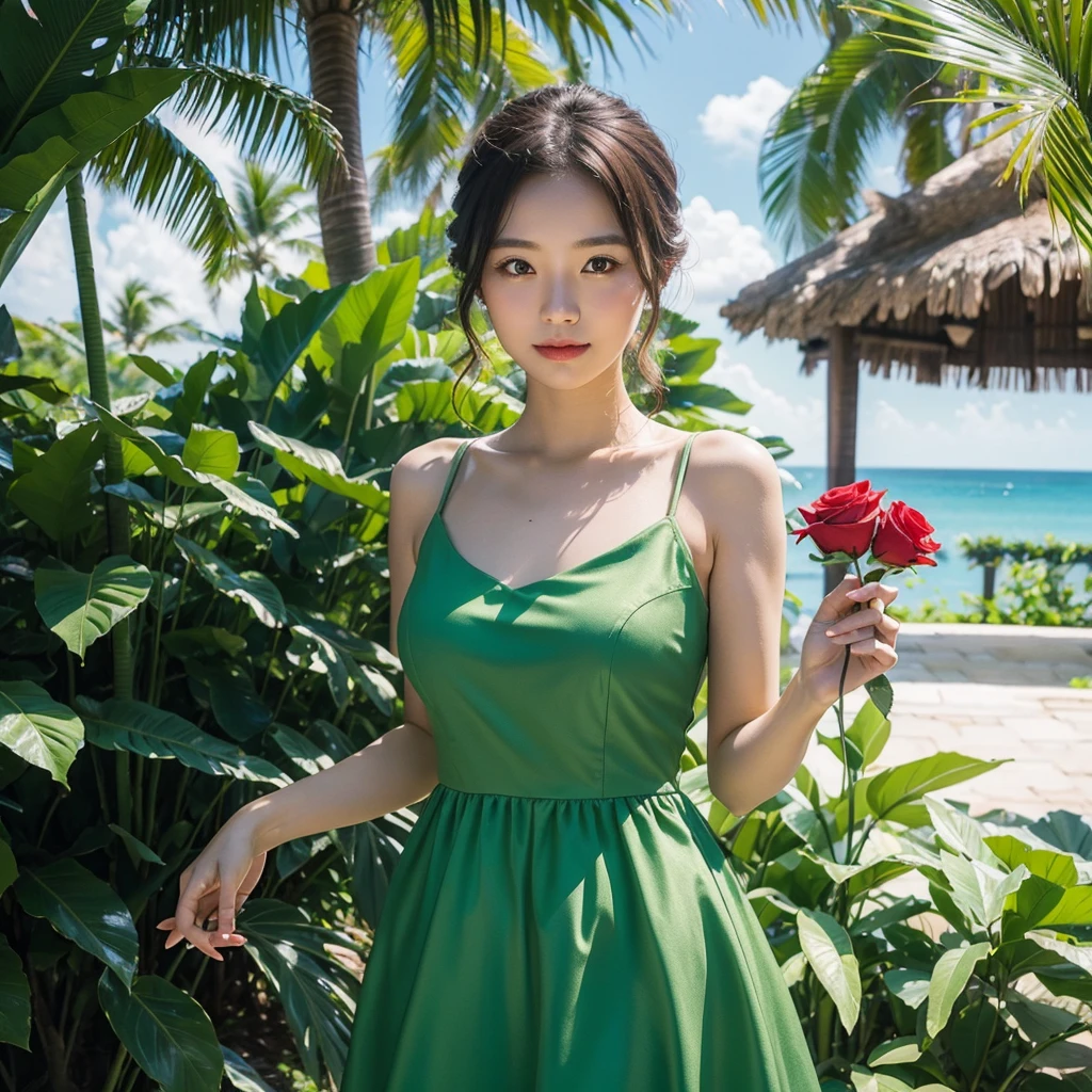 Wearing a green dress、A woman enjoying vacation at a tropical resort。With a red rose in my hand。