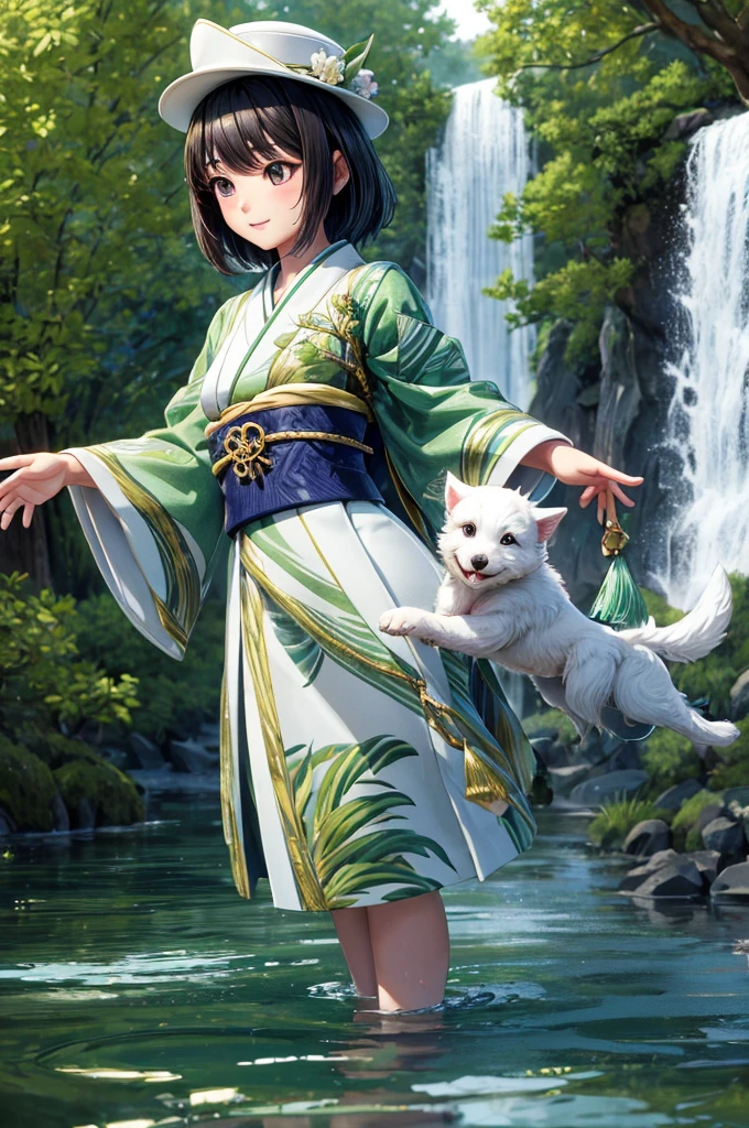 A Japanese girl holding a cute white puppy with her hands standing in water and surrounded by water and full of green trees, detailed girl, detailed face, detailed dress, detailed dog, detailed trees, detailed water, detailed hat, detailed shadows, best quality, highly detailed, masterpiece, 8k scene.