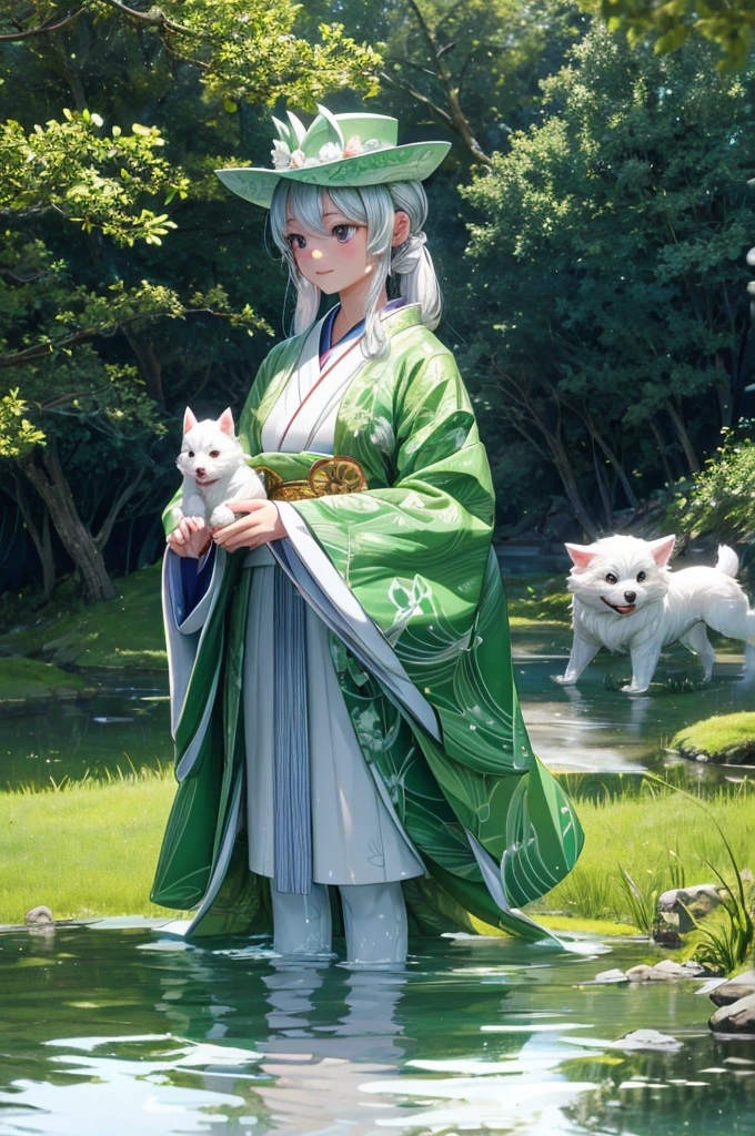 A Japanese girl holding a cute white puppy with her hands standing in water and surrounded by water and full of green trees, detailed girl, detailed face, detailed dress, detailed dog, detailed trees, detailed water, detailed hat, detailed shadows, best quality, highly detailed, masterpiece, 8k scene.