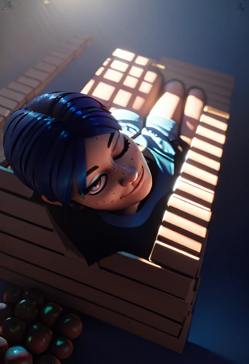(resting on fruits) (Best Quality, 4k, 8k, high resolution, Masterpiece: 1.2), ultra detailed, full portrait, very detailed face, detailed facial features, spectacular lighting, close-up, from above, anatomically correct, super detail, full blue beard and short blue hair, smile, wink, hairy chest, regular fit brown, open black jacket with blue sports shirt.