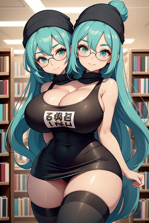 2 heads, a tall woman with two heads. In a bookstore. Wearing tank top. Cleavage. Wearing black skirt. Thigh socks. Adorable cute face. Long turquoise hair, wearing beanie. Slutty, nerdy, large circular glasses. Huge thighs. Sexy. Slim. Tattoo on breast. Excited, happy.  Huge butt, giant ass. Enormous butt, massive thighs. 