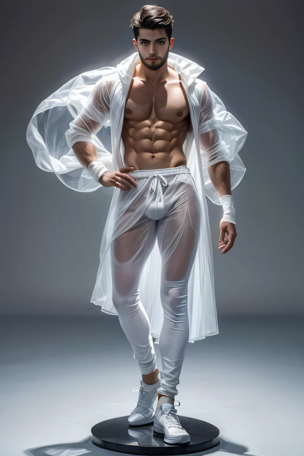 A young Spanish man wearing transparent clothing,White skin,Sculptural muscles,Facial hair,White socks