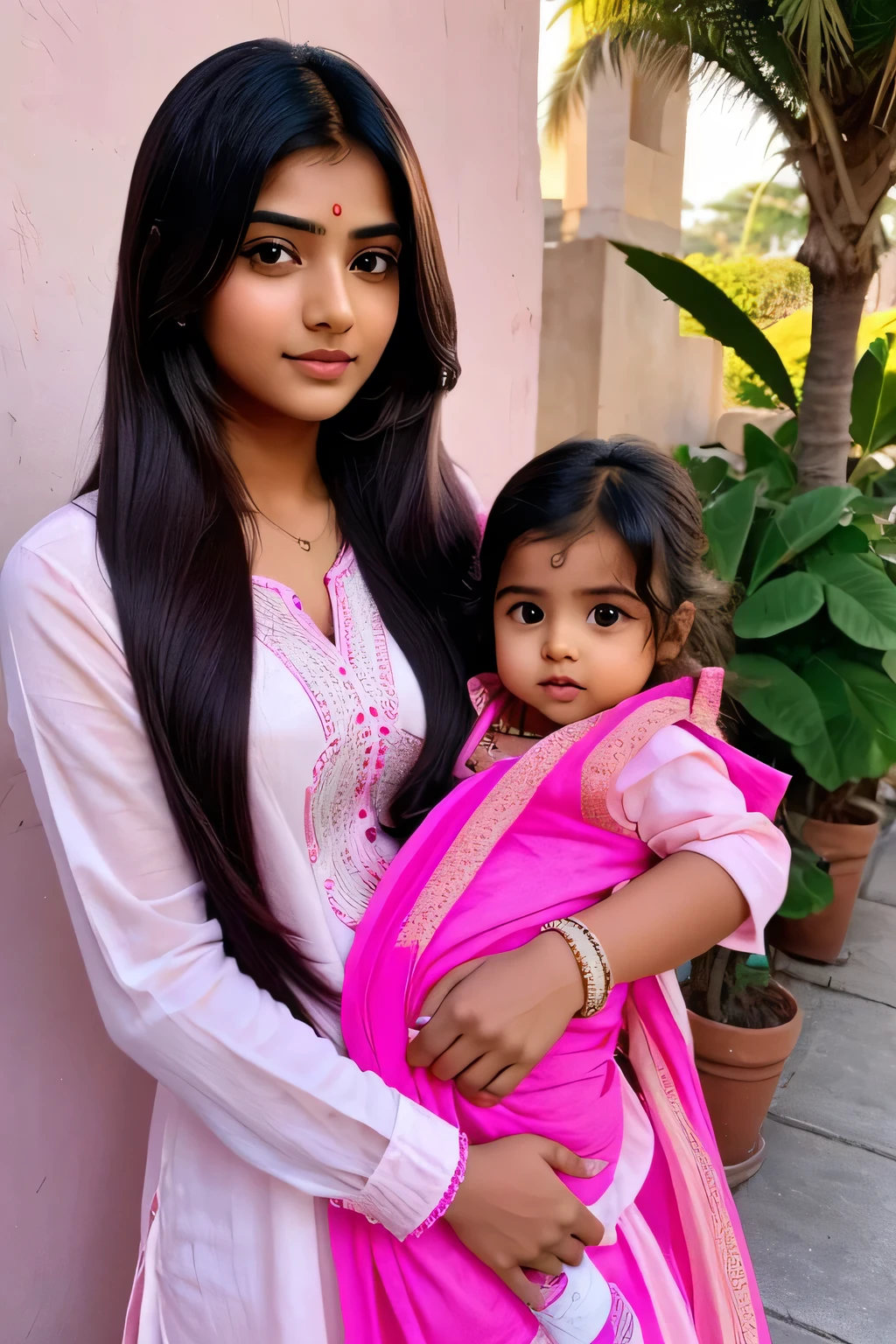 16 years old cute Indian girl with cute little baby with stylish straight long hair with cute stylish pink colour chudidhar with cute romantic cute pic (Ultra high quality),,