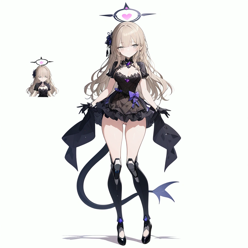 Woman 170cm tall, medium chest, wide hip, slim build. (((character design sheet: Full body front view))). (Dark blonde hair, (hip-length wavy hair with asymmetrical bangs), She has a short braid tied with an elegant purple bow on the left side of her hair above her chest. She has a short braid tied with an elegant purple bow on the right side of her hair above her chest. She has small ribbons in the back of her hair.). ((Gray eyes with a pink 4-pointed star in the pupil)). Two black and purple serval ears located on the top of the head. Luminous black halo with purple star patterns above his head. black necklace with a heart emblem on the neck. (Elegant one-piece long dress with lace and ruffle skirt, ribbon decorations and star patterns on the dress). black gloves, beautiful black platform heels. gray belt at the waist with a large ribbon with a luminous pink heart in the middle. (It has a complex succubus tail with a small purple star at the tip). ((It has complex mechanical legs that reach up to the thighs and are black with small purple details.)). beautiful detailed hair, beautiful detailed dress. extremely detailed arms. extremely detailed face, small face, Beautiful detailed eyes, beautiful detailed lips. adorable. extremely detailed legs. (Best Quality, 4k, high resolution), ultra detailed, Exquisite and epic character art, ((White background)).