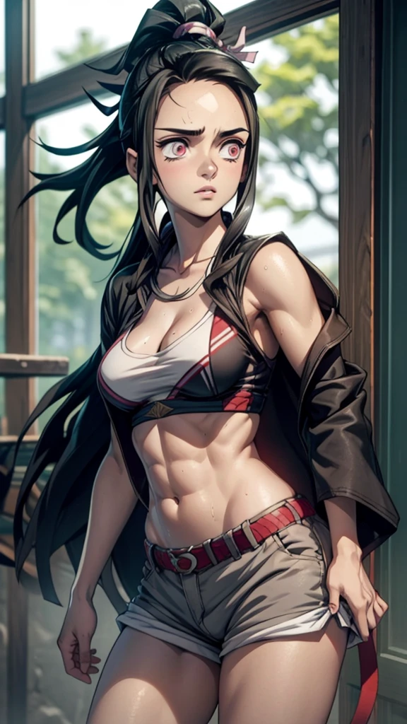 masterpiece, best quality, a  girl, height 160cm, ample bust, flat stomach, sports physique, toned stomach, ribcage visible, sweaty, oily skin, ponytail, wearing Bra and Shorts, Nezuko from demon slayer, nezuko