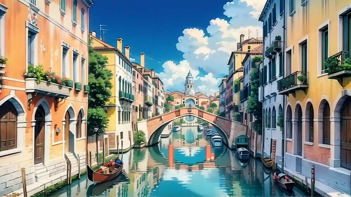 A 16:9 anime-style illustration depicting adventurers traveling by boat through the canals of a Venice-inspired city. The adventurers are dressed in fantasy attire, including cloaks and armor, and are navigating a gondola-like boat. The city features ornate buildings, arched bridges, and bustling streets along the waterways. The canals are lined with vibrant flowers and greenery. The atmosphere is lively and full of exploration under a clear blue sky with a few fluffy clouds.