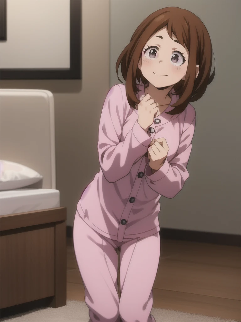 Ochaco Uraraka, wearing pajamas, nice environment, super detailed, high quality