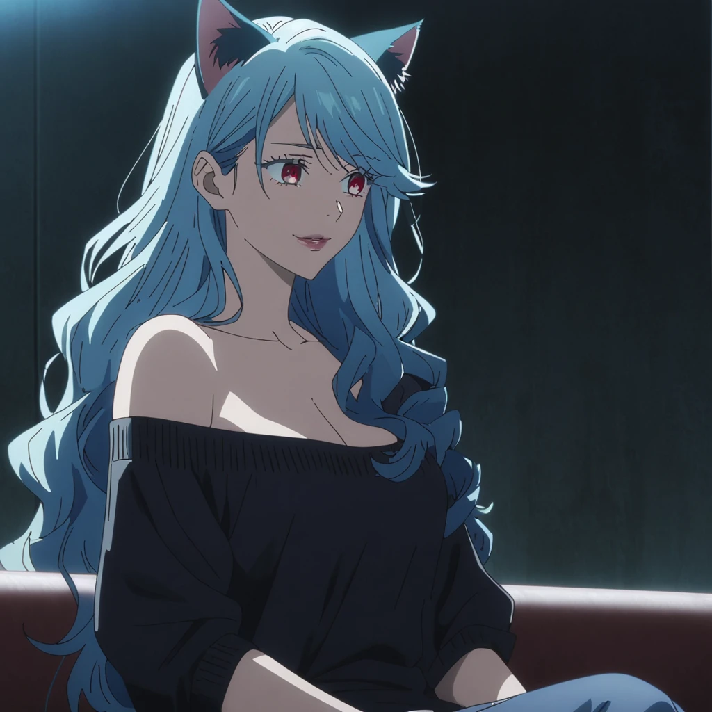 1girl, female gojo satoru, anime screencap from jujutsu kaisen, gojo satoru female version, solo, very long_hair, ((smooth texture hair)) ((red eyes)), ((very long wavy Navy blue_hair)) ((cat ears)) night view, breasts, upper_body, smile, indoors, book, bangs, lips (( very long wavy hair, swept bangs)) wearing black color sweater off the shoulder, breast, "very detailed and high resolution" (red eyes) ((smooth texture hair)) ((solo)) ((high resolution)) ((upper body)) (Good quality) cleavage, (sitting) (cat ears)((navy blue hair colour))