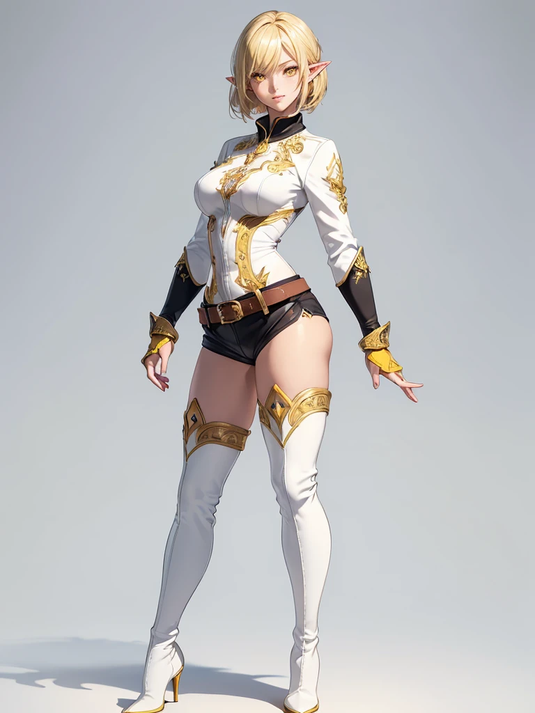 ((1girl, solo)), (full body:1.5), dark elf, dark-skinned female, (((pointy ears))), beautiful body, (perfect anatomy, perfect body, perfect hands, perfect legs), (five fingers:1.5), natural proportions, sexy body, large breasts, cowboy shot, hand on hip BREAK
((extremely detailed face)), (beautiful detailed eyes:1.6), (realistic pupils, realistic iris:1), expressive eyes, looking at viewer, (clear eyes:1.3), (hyperrealistic:1.2), (detailed skin texture:1.2), smooth skin, (yellow eyes:1.5), (blonde hair:1.5), (short hair:1.3), bangs, (detailed lips:1.2), (attractive lips:1.1), (glossy lips:1.1), (smile), parted lips, perfect face, perfect eyes BREAK
((black shirt)), long sleeves, (((white sleeves))), (skin tight:1.5), gold trimmed, fingerless gloves, black shorts, short shorts, belt, thighs, ass visible through thighs, black footwear, (thigh boots:1.5) BREAK
(masterpiece:1.5), anime-style, top quality, best quality, (beautiful and aesthetic:1.2), (ultra detail:1.5), Ultra-detailed depiction, Ultra-precise depiction, extremely detailed 8k illustration, high resolution, (highly detailed shading:1.2), (realistic lighting:1.4), perfect lighting, vibrant colors, dynamic tones, striking hues, 8k, absurd resolution, perfect shadows, hdr, UHD, ambient lighting, realistic, ultra-realistic, photo realistic, highly detailed, rich detail, luminous colors, fine texture, intricate design, professional illustration, (soft light:1.2), (illustration:0.7)