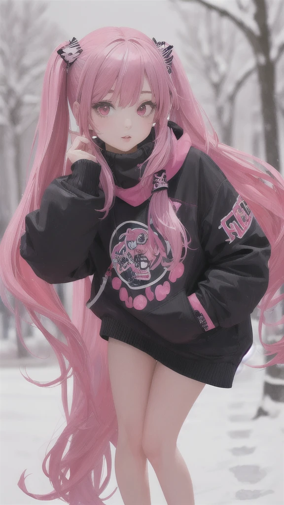 ((masterpiece)), (best quality), (detailed), 1girl,
looking at viewer,  (lipstick:0.75), leaning forward,
long pink hair, twintails,
colorful thighighs,
winter, vivid colors,
 