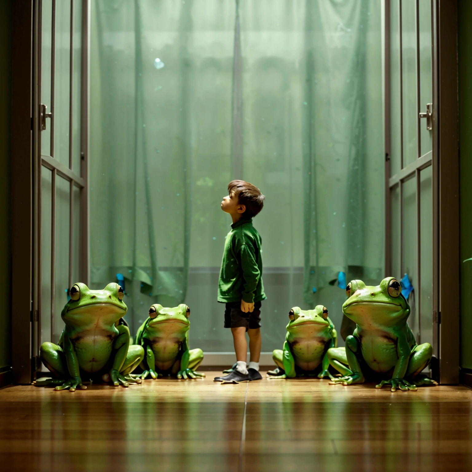 A young man standing in the corner of a closed room with a smooth dark green wall and a brown floor with carpet, with no objects, no door, no window, not objects. He wears short and modern clothes. Around the person, there are four frogs: a green frog further away, two black frogs, and a green frog. The composition creates an ethereal and surreal atmosphere.