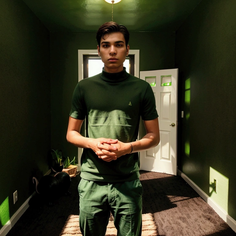 A young man standing in the corner of a closed room with a smooth dark green wall and a brown floor with carpet, with no objects, no door, no window, not objects. He wears short and modern clothes. Around the person, there are four frogs: a green frog further away, two black frogs, and a green frog. The composition creates an ethereal and surreal atmosphere.