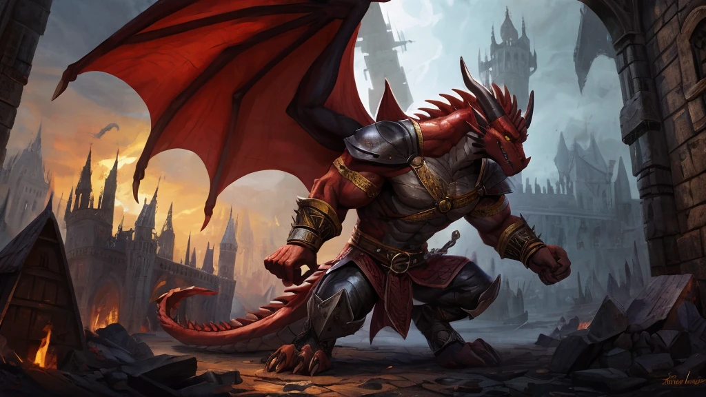large attractive muscular male anthro dark red dragon Massive, extremely muscular, looks protective and possessive, seductive, wearing spiky armor, large muscles, yellow dragon eyes, dragon wings, red horns pointing backwards with pointed scales, big crotch, Black cape with Viking runes, two red metal shoulder pads with straps on the elbows, red metal bracelets with gold decorations on the wrists, black greaves, sideview, in a dark midnight, medieval ,destroyed castle, fog