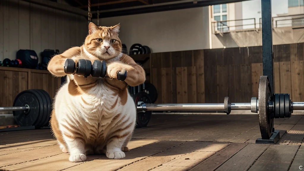 There is a cat sitting on a bench with a barbell, chonker cat, cute cat anime visuals, Garfield the Cat, superhero fat cat, new cat movie, exercising, fat cat, ginger cat, fierce expression 4k, lifting weights, muscular !!, Awesome CGI, Garfield, kucing itu oranye, Chris Evans as a powerlifter