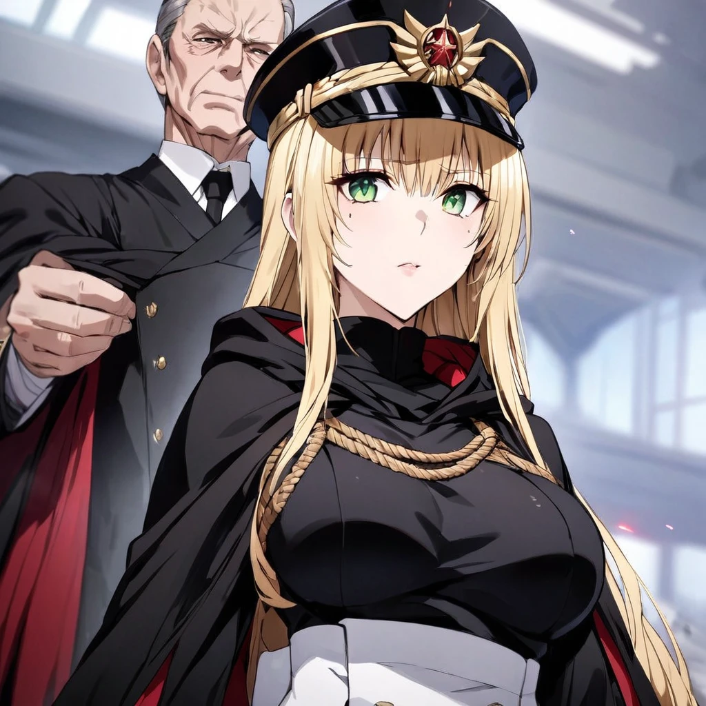 ((Highest quality)), ((masterpiece)), (detailed), （Perfect Face）、The woman is Tiare, a beautiful Space Imperial Army officer with green eyes and medium-long blonde hair, wearing a Space Imperial Army uniform and military cap.、The woman swore loyalty to Emperor Palpatine and served at his side.、The woman is standing next to the Emperor, and the dignified old Emperor Palpatine is holding the woman close.、The man is Emperor Palpatine, a Sith Lord, a dignified, wrinkled, ugly old man wearing a black hooded robe.