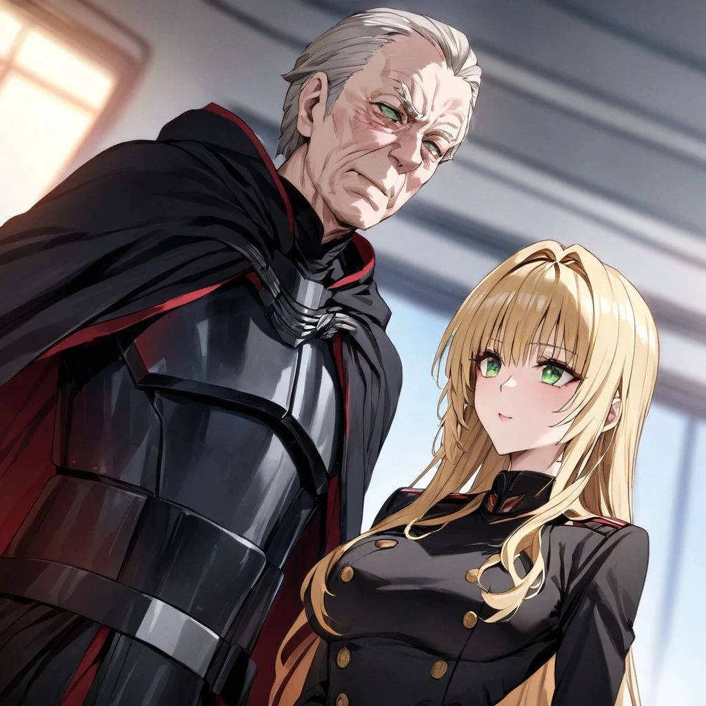 ((Highest quality)), ((masterpiece)), (detailed), （Perfect Face）、The woman is Tiare, a beautiful Space Imperial Army officer with green eyes and medium-long blonde hair, wearing a Space Imperial Army uniform and military cap.、The woman swore loyalty to Emperor Palpatine and served at his side.、The woman is standing next to the Emperor, and the dignified old Emperor Palpatine is holding the woman close.、The man is Emperor Palpatine, a Sith Lord, a dignified, wrinkled, ugly old man wearing a black hooded robe.