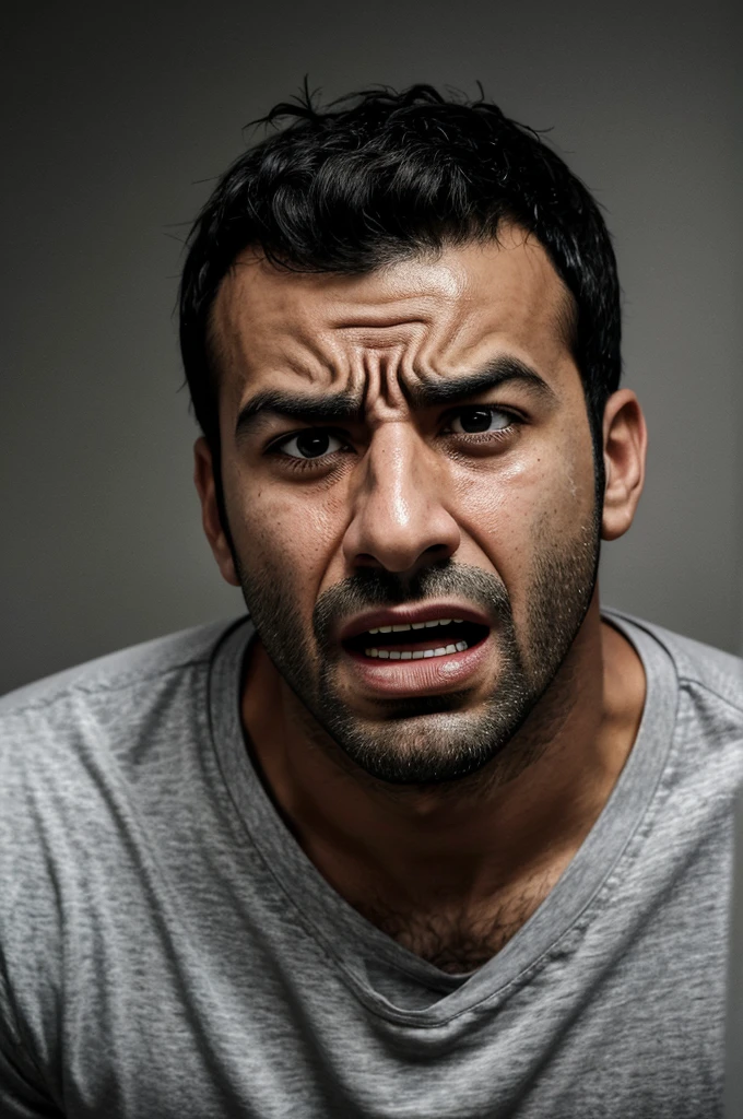 arafed man with a toothbrush in his mouth and a gray shirt, the man is screaming and sad, man esthete with disgust face, a photo of a disheveled man, he has a devastated expression, sad exasperated expression, frustrated face, feeling of disgust, tears running down face, frustrated expression, sad man, frowning expression