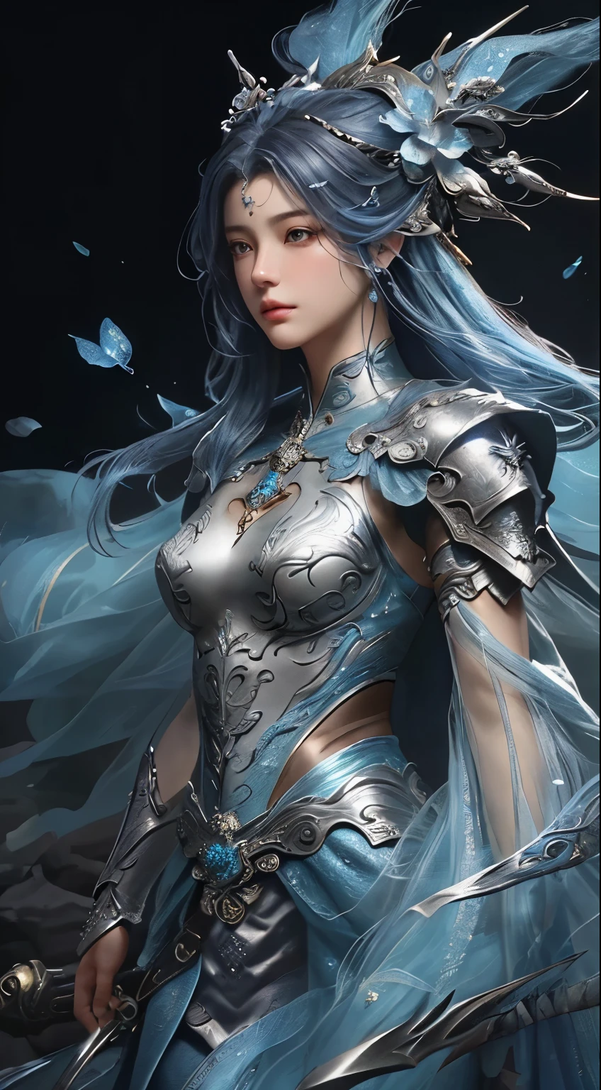 Close up of woman in silver and blue dress, Pan Chengwei on artstation, author:Yang J, Detailed fantasy art, Stunning character art, Fan Art Best Artstation, Epic and beautiful character art, Beautiful armor, Extremely detailed Artgerm, Detailed digital anime art, artstation pixiv like artgerm, Armor Girl