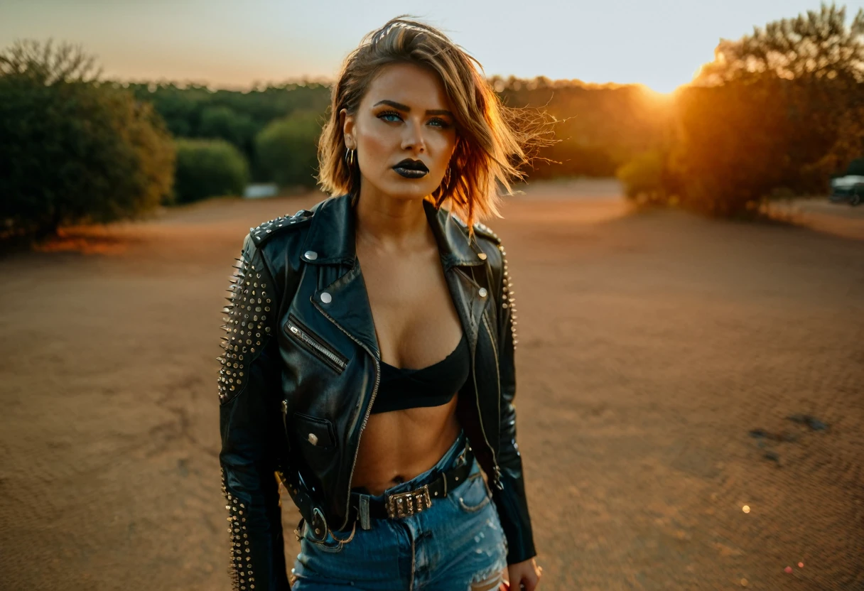 color digital photograph of Ingrid Axehand a woman from barbaria wearing (edgy rocker), (ripped black skinny jeans with studded leather jacket), (black ankle boots), (statement belt), (dark lipstick) and Clogs shot on Sony a9 II Mirrorless Camera by Gordon Parks, 26 years old, light brown Beehive hair, blue green eyes eyes, (Muscular, Toned, Powerful), promoting body positivity, small breasts, feeling Weepy, golden hour,full body, masterpiece, natural lighting, (outdoor setting:1.2), warm tones, side lighting, natural skin details, 4k, UHD, masterpiece, detailed eyes, detailed face, detailed skin, perfect hands, perfect feets, photo, high skin detail, moles, imperfect skin, ultra realism, RAW photo, subsurface scattering