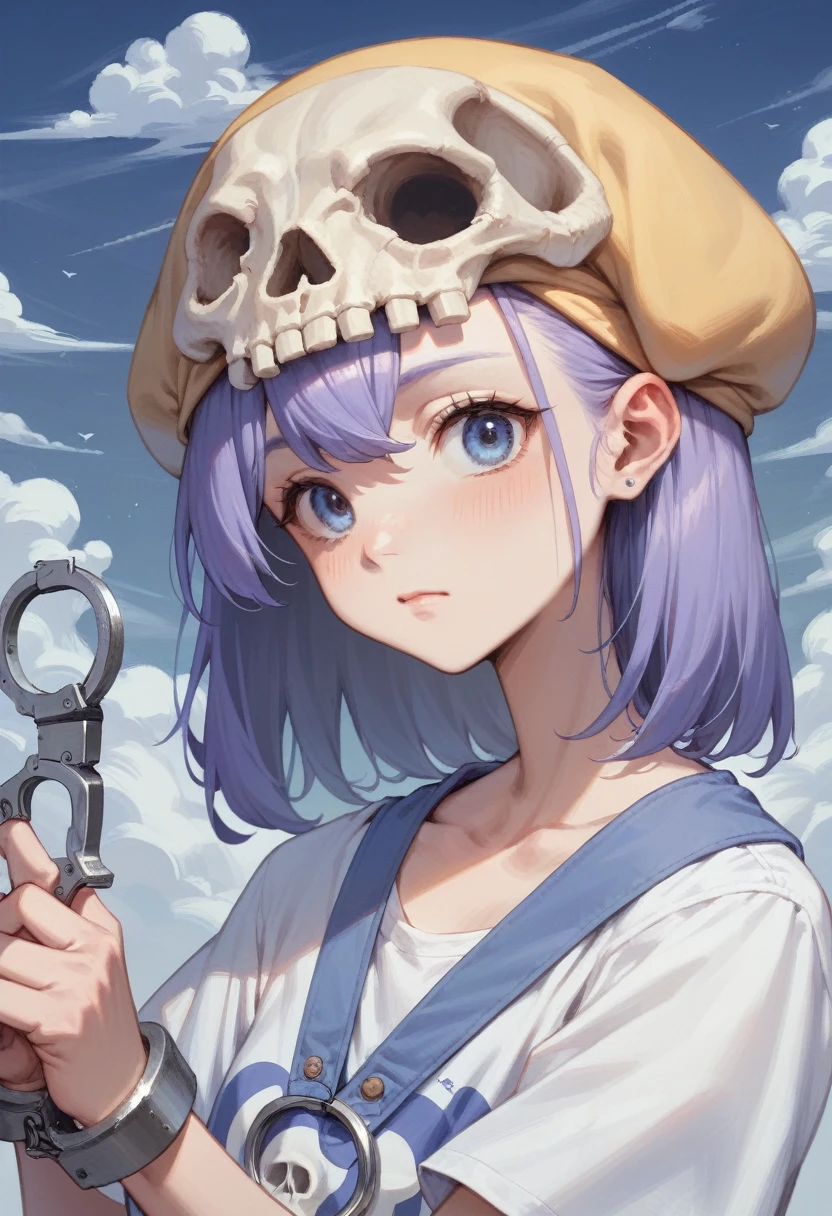 anime girl with handcuffs and a skull shirt holding a pair of scissors, misa amane *, gadget hackwrench, marin kitagawa fanart, misa amane, inspired by Leiko Ikemura, anime skull portrait woman, ( ( misa amane # ) ), high quality fanart, jojo anime style, full body portrait of a short!