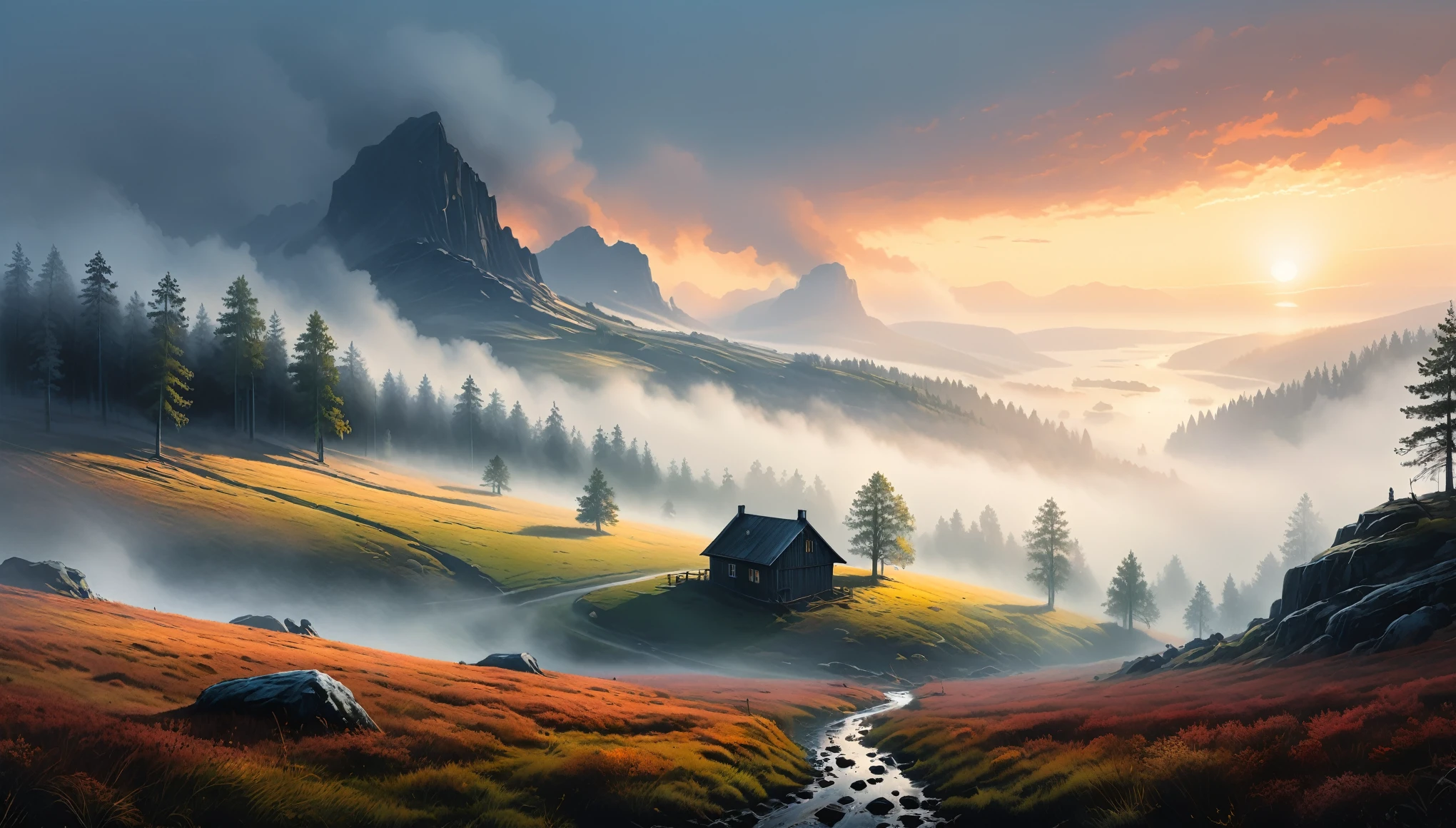 sketch, Simplicity, Colored ink and pencils, Swedish landscape, Reality, Foggy background, magic, Volumetric Lighting, hard light, Incredible sense of depth, 8K, author:jean-sebastien rossbach