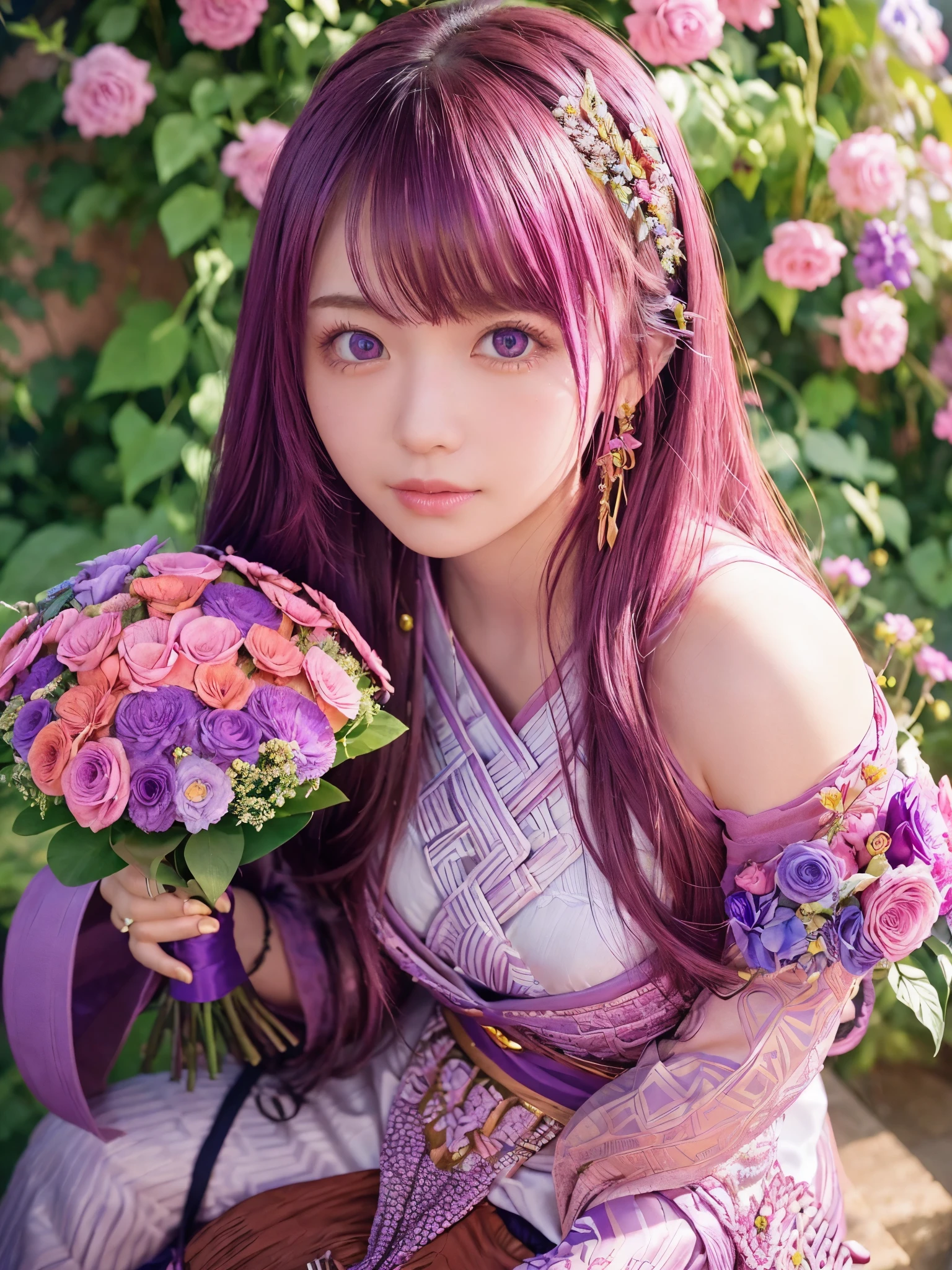 (ultra-Detailed Background, Detailed Background), Absurd, High resolution, Super detailed, Very detailed, One girl, yae miko, Pink Hair, Purple eyes, (bouquet:1.3), (Tangled:1.2), (Geometric:1.2),(colorful),