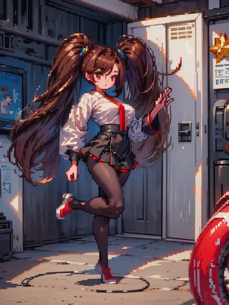 masterpiece, Highest quality, 8K, Pixel Art, ((One woman)), whole body, fine, fineな顔, Chinese clothing, Brown Hair, Ring-shaped hair, Twin tails, Roundhouse kick, Genocide Cutter, legs raised high, kick trajectory, effect, 炎のeffect, 派手なeffect, Get a gacha character
