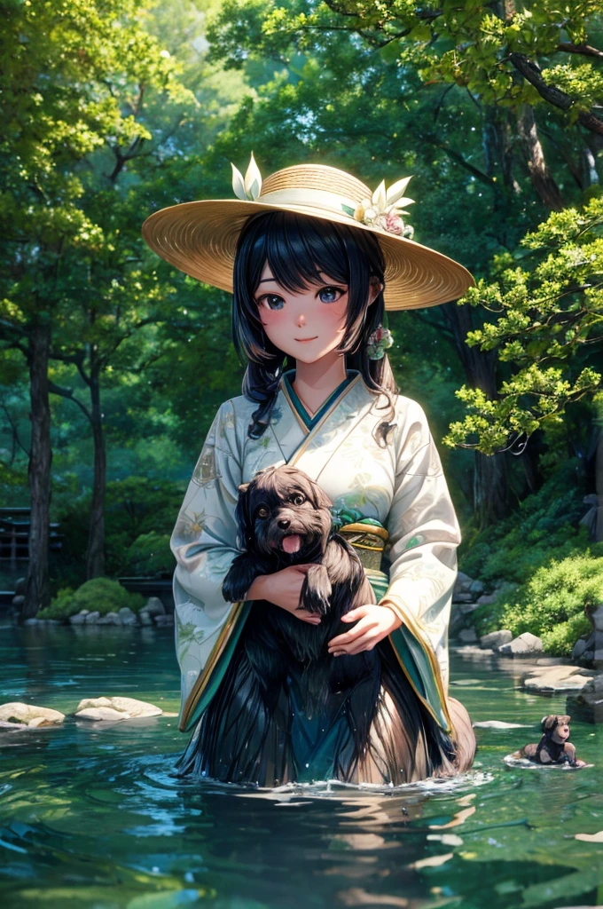 A Japanese girl hugging a cute puppy standing in water and surrounded by water and full of green trees, detailed girl, detailed face, detailed dress, detailed dog, detailed trees, detailed water, detailed hat, detailed shadows, best quality, highly detailed, masterpiece, 8k scene.