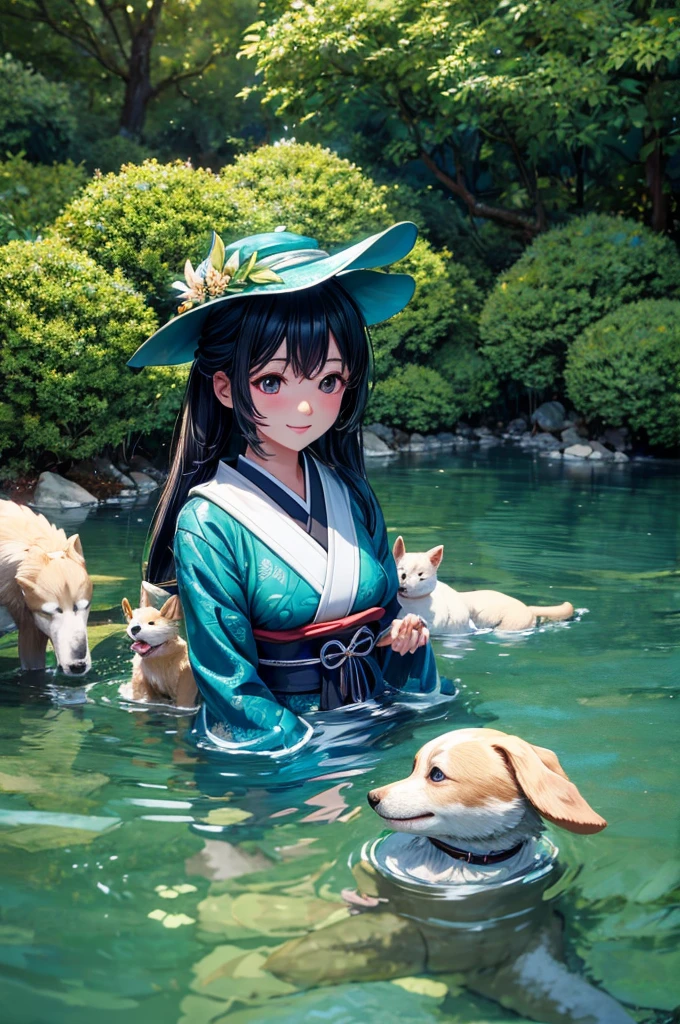 A Japanese girl hugging a cute puppy standing in water and surrounded by water and full of green trees, detailed girl, detailed face, detailed dress, detailed dog, detailed trees, detailed water, detailed hat, detailed shadows, best quality, highly detailed, masterpiece, 8k scene. 