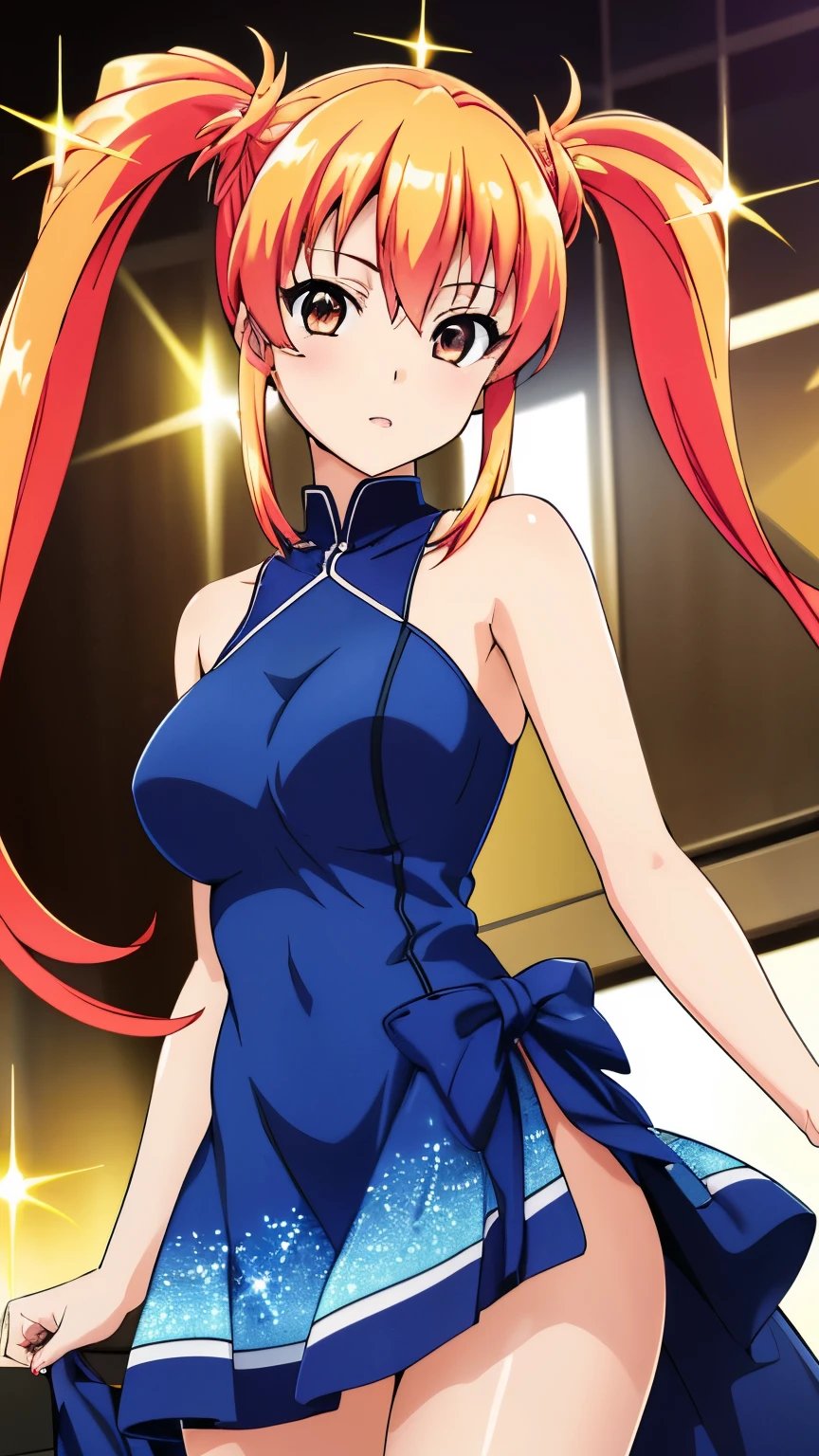 highest quality, High resolution, beautiful eyes, highly detailed face, Detailed CG,anime style, saki mizuhara , 1 girl, orange hair, (sparkly dress, shiny dress, thighs), twin tails, long hair, Are standing,１with people,stylish pose, stylish angle,looking at the viewer, in the center of the image,cowboy shot,