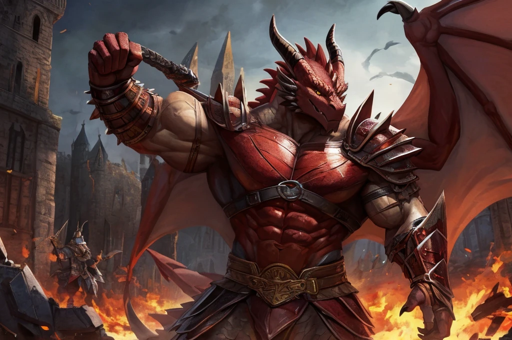 large attractive muscular male anthro dark red dragon Massive, extremely muscular, looks protective and possessive, seductive, wearing spiky armor, large muscles, yellow dragon eyes, dragon wings, red horns pointing backwards with pointed scales, big crotch, Black cape with Viking runes, two red metal shoulder pads with straps on the elbows, red metal bracelets with gold decorations on the wrists, black greaves, sideview, in a dark midnight, medieval ,destroyed castle, fog