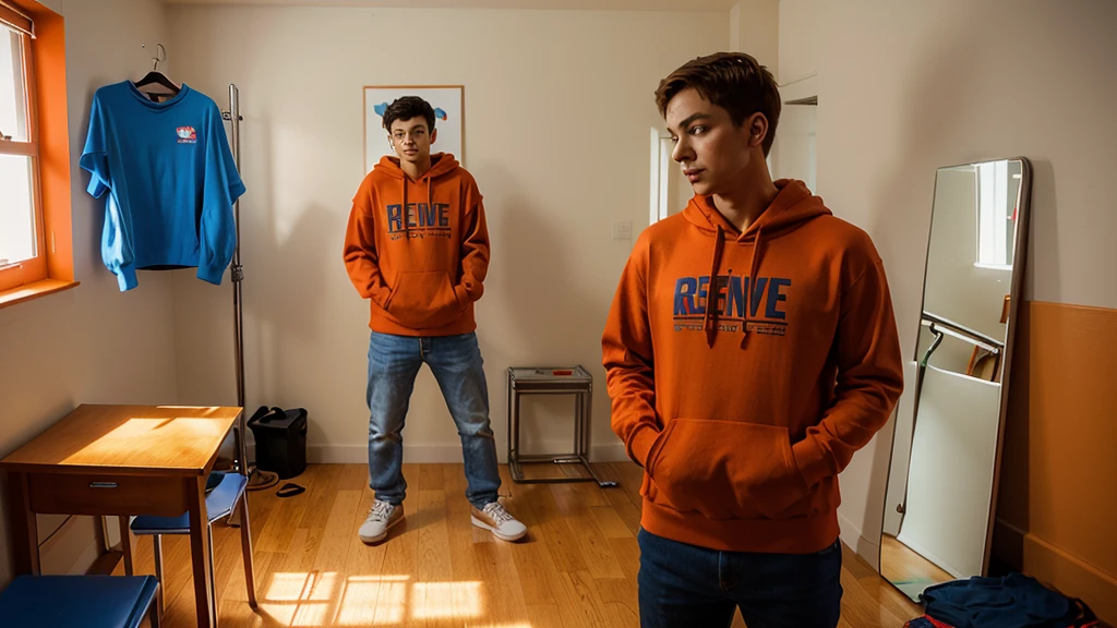 Draw me a picture of an anthropomorphic orange cat standing upright in a room, wearing a blue hoodie, facing a broken mirror, and reflecting the image of his alter ego who is wearing a red t-shirt with “REVENGE” written on it in red letters .