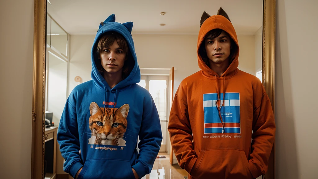 Draw me a picture of an anthropomorphic orange cat standing upright in a room, wearing a blue hoodie, facing a broken mirror, and reflecting the image of his alter ego who is wearing a red t-shirt with “REVENGE” written on it in red letters .
