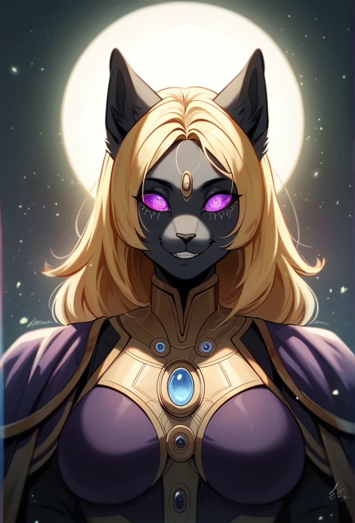 feline woman, velues, smiling, thick blonde hair, black fur stripe, neutral,  dynamic lighting, illustration, comely, particles (high qualiy,4K,8K,high resolution,work of art:1.2), ultra detali, impressionistic:colorfully,
Wearing a feathered dress, evil sexy face.