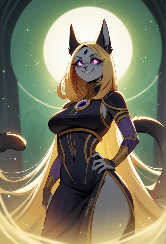 feline woman, velues, smiling, thick blonde hair, black fur stripe, neutral,  dynamic lighting, illustration, comely, particles (high qualiy,4K,8K,high resolution,work of art:1.2), ultra detali, impressionistic:colorfully,
Wearing a feathered dress, evil sexy face.