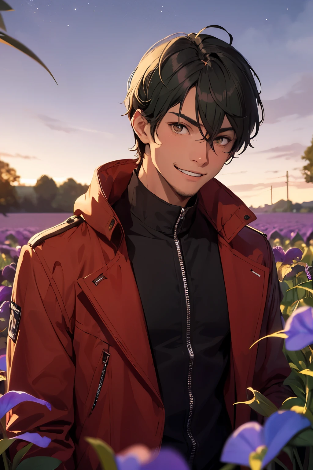 Tanned man with short black hair and greenish brown eyes wearing a crimson coat in a violets field at night. He is smiling 