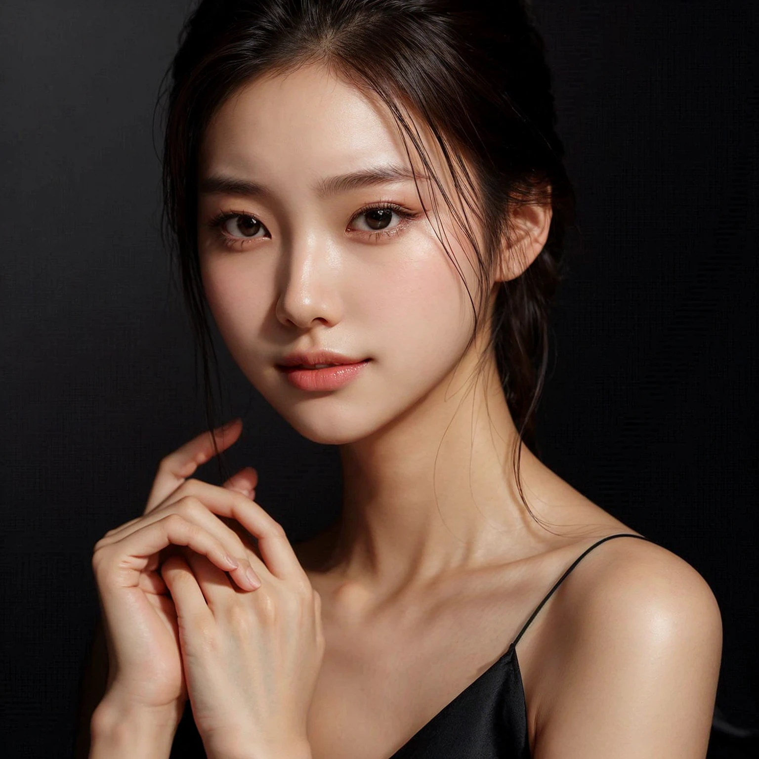 A young korean woman with a fair complexion poses elegantly against a dark background. She has her hair tied back and is wearing a black spaghetti-strap top. Her expression is calm and serene, with a slight touch of gloss on her lips and subtle makeup accentuating her natural beauty. Her hands are gently clasped together in front of her, adding to the sophisticated and graceful vibe of the portrait.