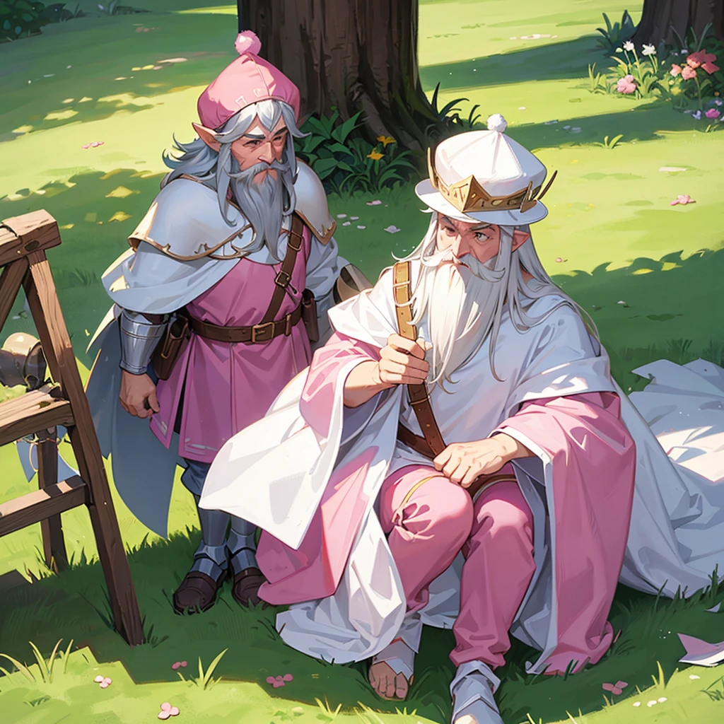 Draw a Gnome with a pink net, a white hat, with a long beard and white hair with a green cape that covers him to his feet and faces a knight in silver armor.