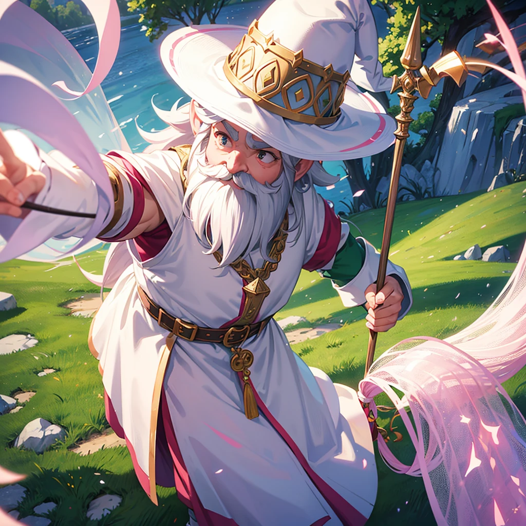 Draw a Gnome with a pink net, a white hat, with a long beard and white hair with a green cape that covers him to his feet and faces a knight in silver armor.