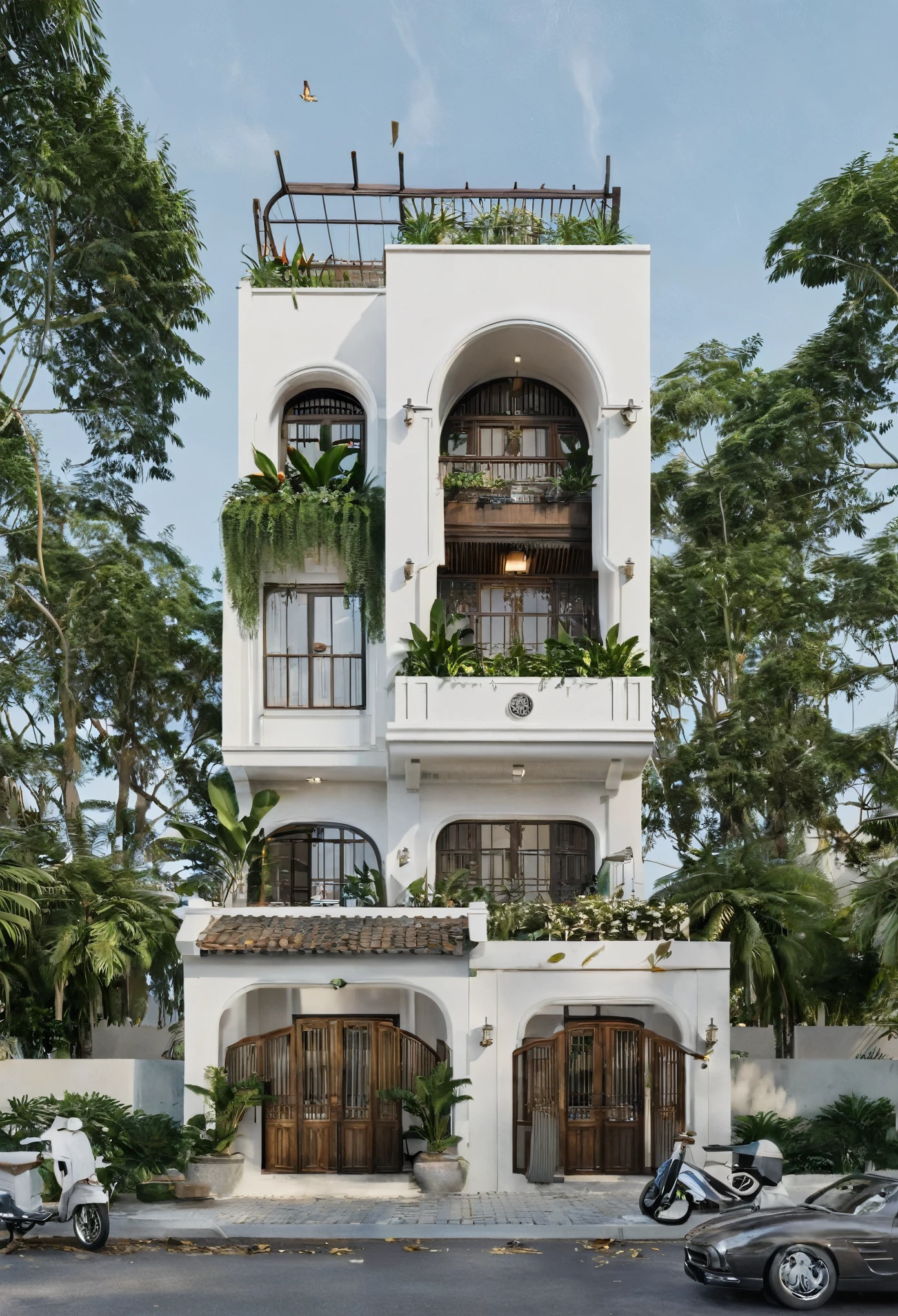 Render a 4-meter-wide, 3-story Indochine-style small townhouse situated in an urban setting. The townhouse features an elegant white facade with traditional Indochine architectural elements, including arched windows, wooden shutters, and decorative railings. The roof is designed with a two-sided slope running from front to back, similar to the style of houses in Hoi An. The exterior walls are adorned with subtle, ornate details that reflect the Indochine style. Incorporate artistic wooden louver panels on the exterior for added visual interest and architectural depth. The ground floor includes a welcoming entrance with classic wooden furniture and traditional lanterns. The street is lined with cobblestone pavement, tropical plants, and urban elements such as street lamps and parked bicycles, creating a harmonious blend of traditional and urban aesthetics. 8k resolution, UHD, high-quality detail, Indochine style, 5-meter-wide facade, 3-story, white exterior, arched windows, wooden shutters, decorative railings, two-sided sloping roof, Hoi An style, classic wooden furniture, traditional lanterns, ornate details, artistic wooden louver panels, urban setting, street view, cobblestone pavement, tropical plants, street lamps, parked bicycles, harmonious blend of traditional and urban aesthetics.