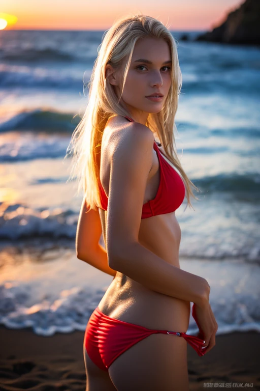 Swimwear(Pareo、red)、One person(Nordic)、beach(night)、Highest quality、Beauty(Blonde、semi-long、straight、Muscular)、Ultra-high resolution、Soft Light、