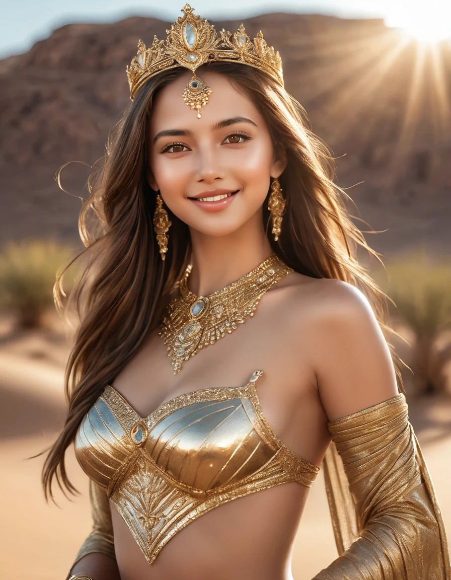 In a majestic desert landscape, a stunning princess stands regally. Inspired by the legendary Kleopatra VII Filopator, this beauty dons a magnificent Mesir Crown, adorned with intricate golden details. Her medium-sized breasts are subtly accentuated as she strikes a sultry pose, exuding confidence and sensuality. Long, luscious brown hair cascades down her back, framing her heart-shaped face and gleaming brown eyes. Luscious lips, coated in a subtle gloss, curve into a seductive smile. The desert sun casts a warm glow, with the golden theme expertly woven throughout the scene. Masterpiece-quality image rendered at 8K resolution, featuring raw, ultra-detailed photography that immerses the viewer in this majestic tableau.