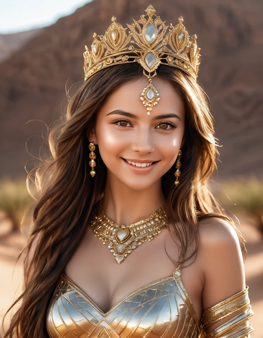 In a majestic desert landscape, a stunning princess stands regally. Inspired by the legendary Kleopatra VII Filopator, this beauty dons a magnificent Mesir Crown, adorned with intricate golden details. Her medium-sized breasts are subtly accentuated as she strikes a sultry pose, exuding confidence and sensuality. Long, luscious brown hair cascades down her back, framing her heart-shaped face and gleaming brown eyes. Luscious lips, coated in a subtle gloss, curve into a seductive smile. The desert sun casts a warm glow, with the golden theme expertly woven throughout the scene. Masterpiece-quality image rendered at 8K resolution, featuring raw, ultra-detailed photography that immerses the viewer in this majestic tableau.