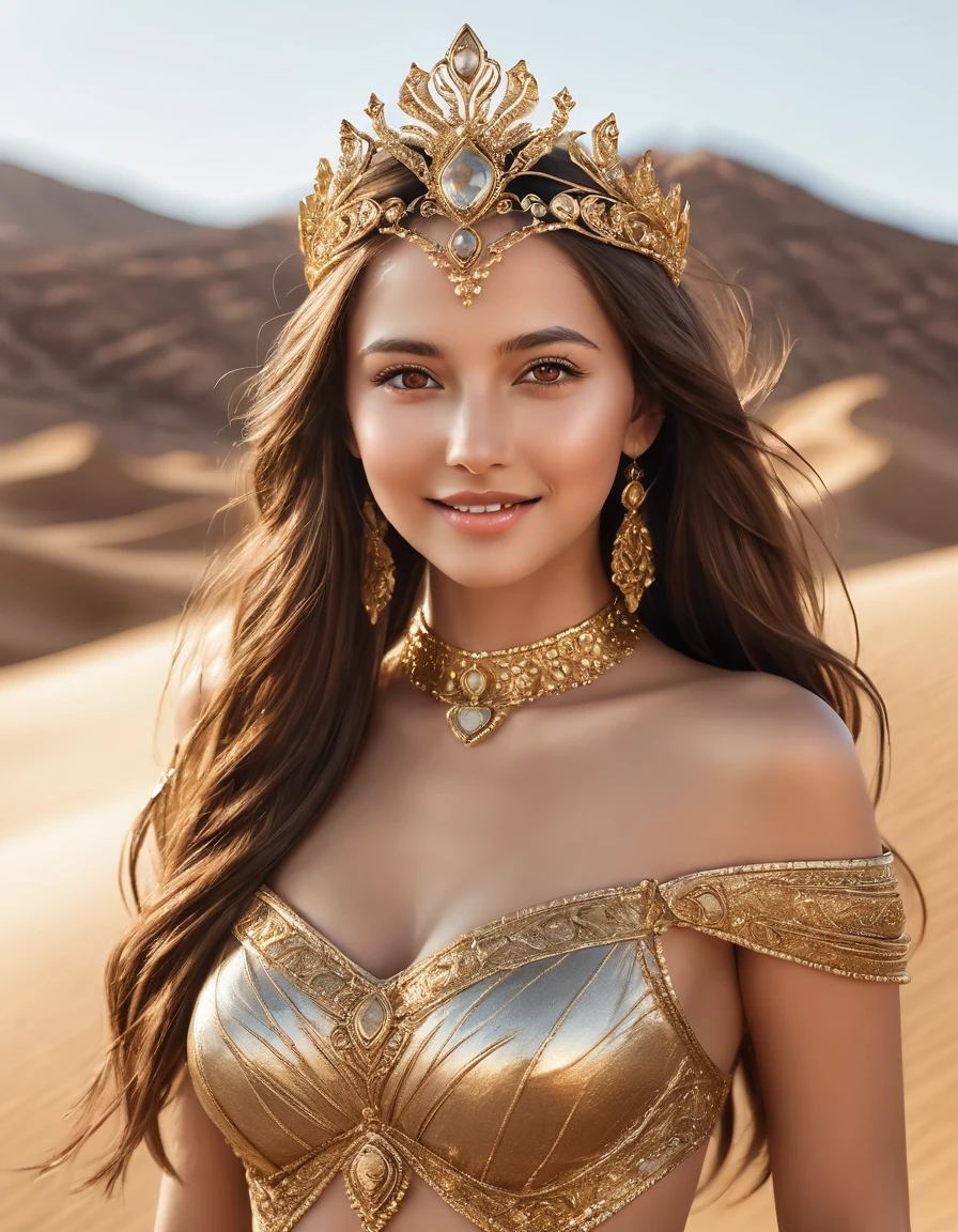 In a majestic desert landscape, a stunning princess stands regally. Inspired by the legendary Kleopatra VII Filopator, this beauty dons a magnificent Mesir Crown, adorned with intricate golden details. Her medium-sized breasts are subtly accentuated as she strikes a sultry pose, exuding confidence and sensuality. Long, luscious brown hair cascades down her back, framing her heart-shaped face and gleaming brown eyes. Luscious lips, coated in a subtle gloss, curve into a seductive smile. The desert sun casts a warm glow, with the golden theme expertly woven throughout the scene. Masterpiece-quality image rendered at 8K resolution, featuring raw, ultra-detailed photography that immerses the viewer in this majestic tableau.