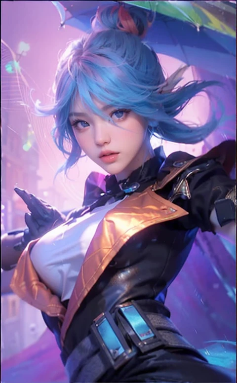 ((best qualtiy, 8K, tmasterpiece:1.3)), Focus:1.2, perfect figure beautiful woman:1.4, Cocked buttocks:1.2, ((Cut hair in layers, flatchest:1.2)), , (Rain, Street:1.3), Black short sleeves on the upper body,Skirt at the bottom:1.1, Highly detailed facial and skin texture, Detailed eyes, double eyelid,Whiten skin,long whitr hair,(Keep one's mouth shut:1.3),full bodyesbian