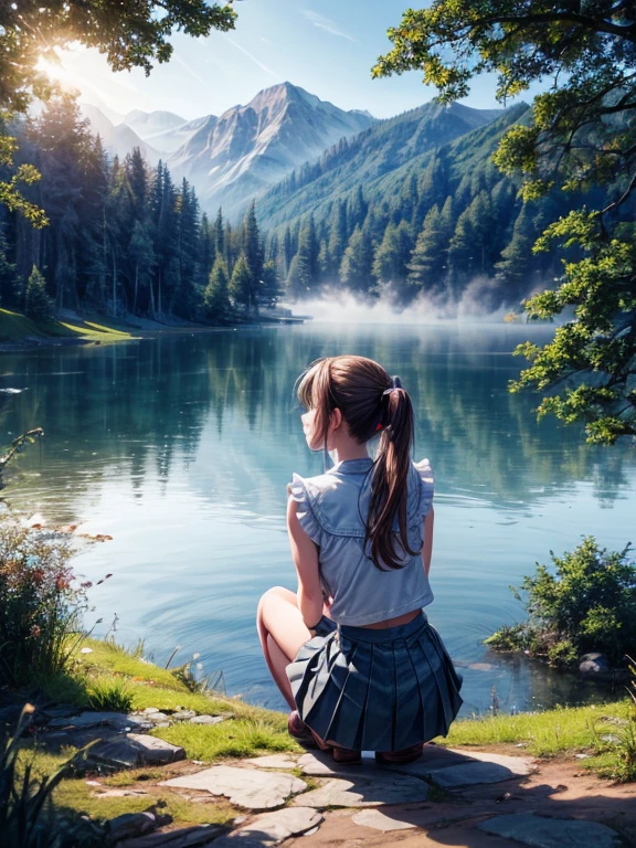 beautiful women, watched from behind, crouched, jumping to lake, behind. pigtail, Jeans Skirts Pleated . vixip, landscape (Lake, forest far away, blue sky, big sun, morning mist), cinematic lighting, Very detailed. White, Brown, red. perfect composition, Masterpiece, Best Quality, 4k, sharp focus. perfect anatomy.