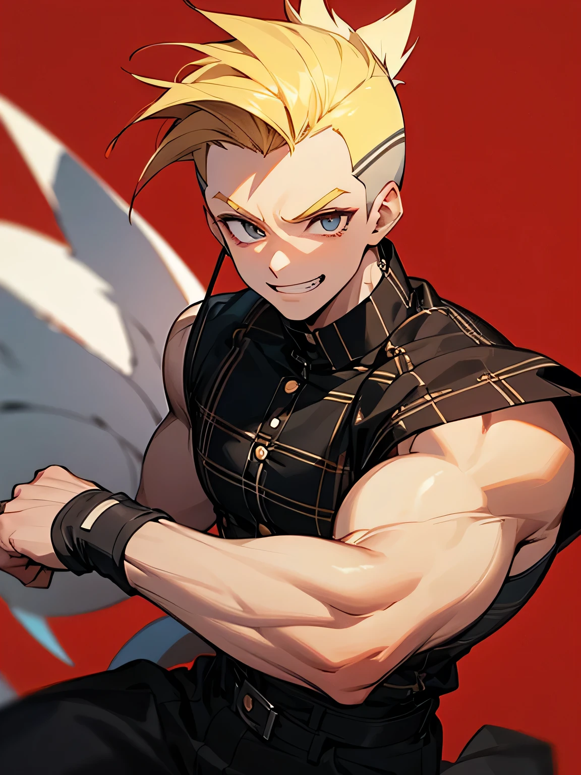 solo,looking at viewer,1boy,blonde soft Mohawk haircut ,buzz cut,no bangs,big forehead,male's eyes, male's nose, male's mouth,handsome face, manly, grin,black plaids pattern clothe,fighting stance,white simple background