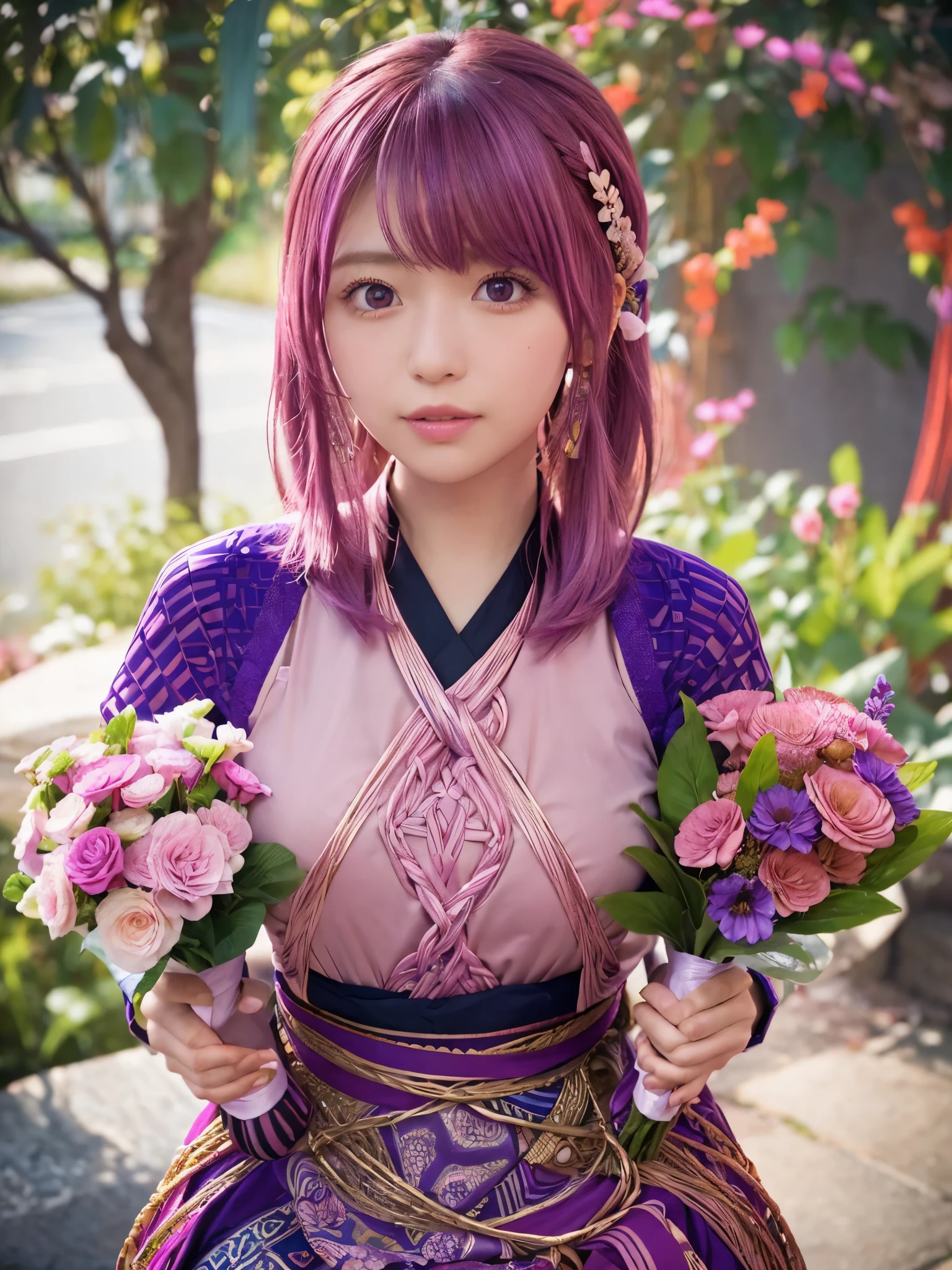 (ultra-Detailed Background, Detailed Background), Absurd, High resolution, Super detailed, Very detailed, One girl, yae miko, Pink Hair, Purple eyes, (bouquet:1.3), (Tangled:1.2), (Geometric:1.2),(colorful),