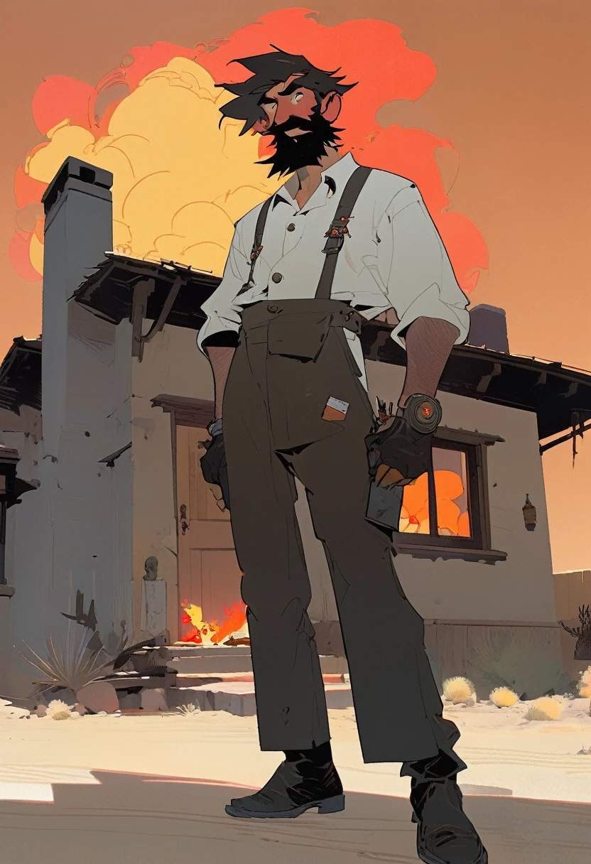 score_9, score_8_up, score_7_up, score_6_up, score_5_up, score_4_up, 2man, Western, gunslingers, dueling, Desert, red sun, scorching sun, arid, Horizon, far away, black wavy Messy hair, burnt hair, Leather apron, White button-down shirt, black pants patched, Failed beard, young adult, Thin, full body, Holding a Dynamite bomb, outside a house in the desert, Dirty with soot, Laughing, explosives, dynamite, Hunchback, Poorly groomed beard, failed beard, Fire, Embers, ashes, cartoon