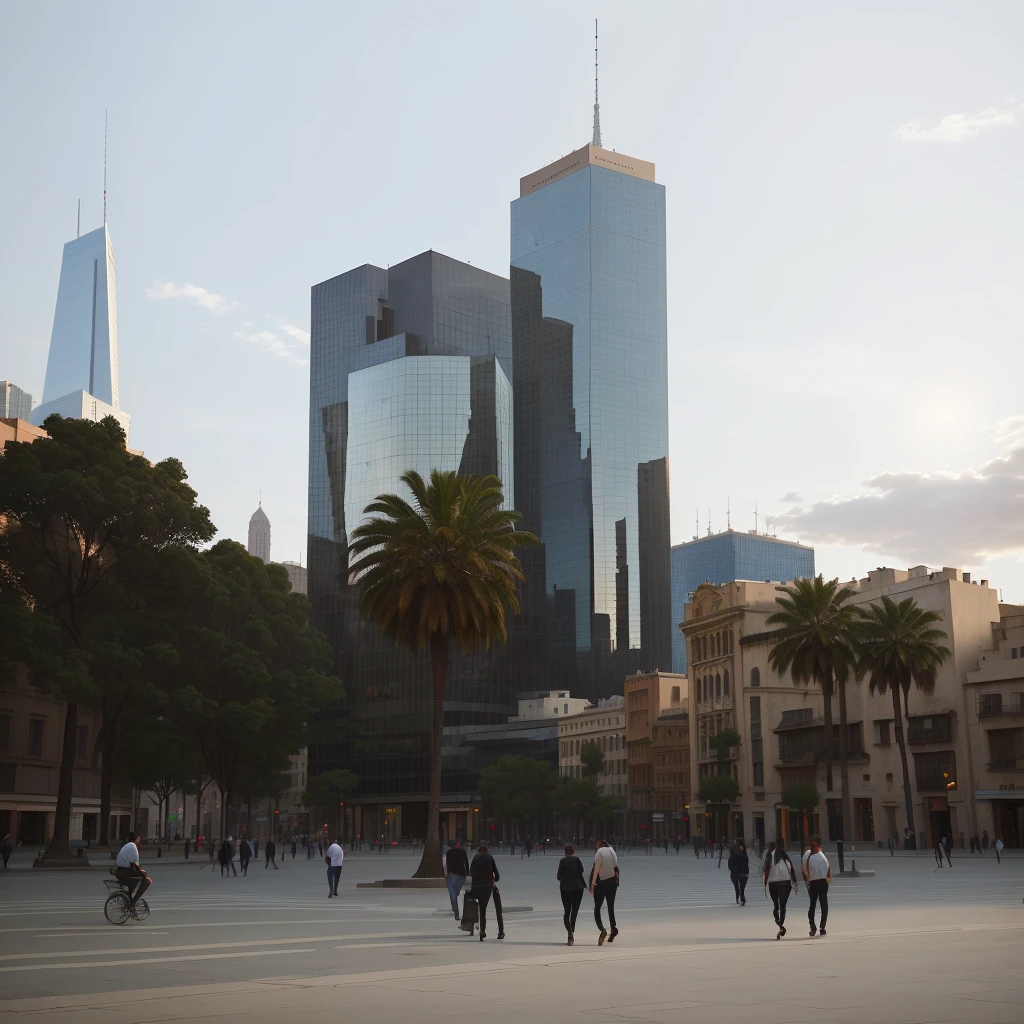 people walking through a square with some buildings in the background, capital square, epic buildings in the center, Round buildings in the background, In Chuquicamata, tall buildings in the background, modern buildings, clean and dense buildings, surrounding the city, with tall glass skyscrapers, City square, with shiny glass buildings, plaza